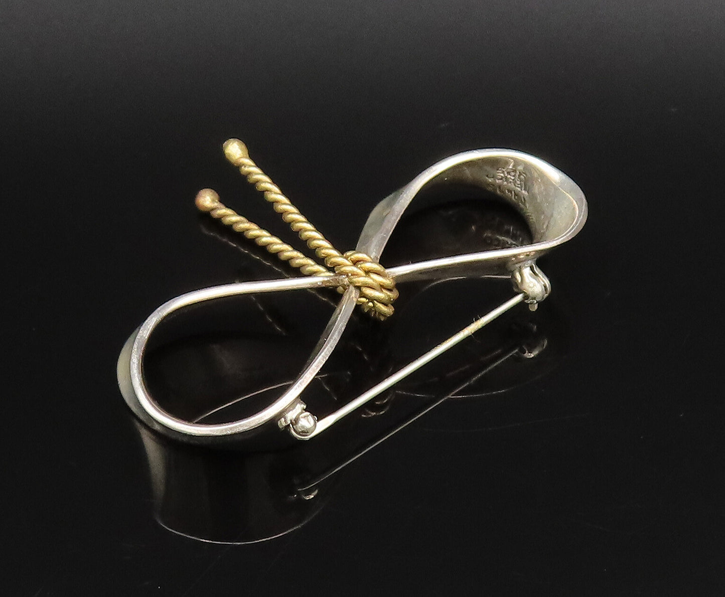 MEXICO 925 Sterling Silver Vintage Two Tone Ribbon Bow Tie Brooch Pin BP10040