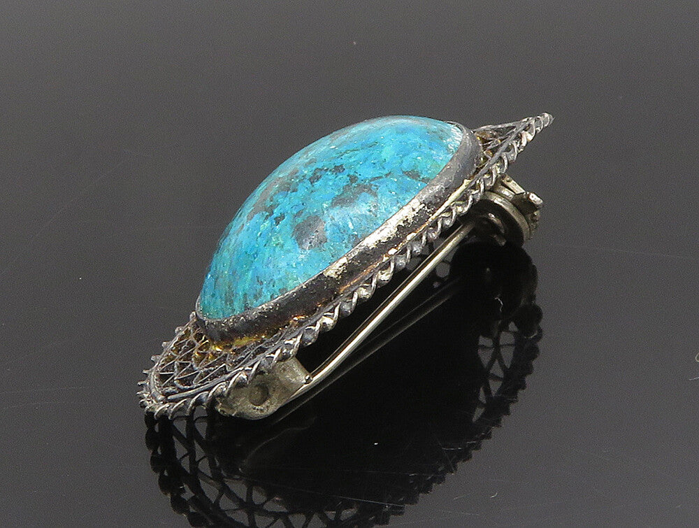 ISRAEL 925 Silver  Vintage Antique Turquoise Wire Web Brooch Pin  BP9523
