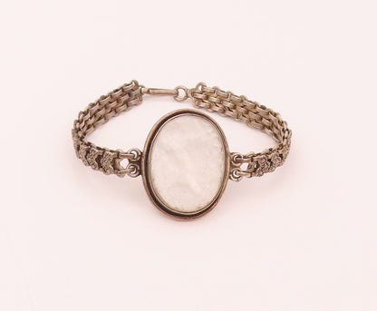 925 Sterling Silver  Vintage Mother Of Pearl Carved Chain Belt Bracelet BT9931