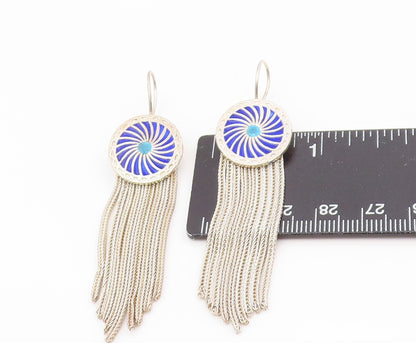 925 Sterling Silver Vintage Earrings Classic Blue Enamel Tassel Drops  EG13977