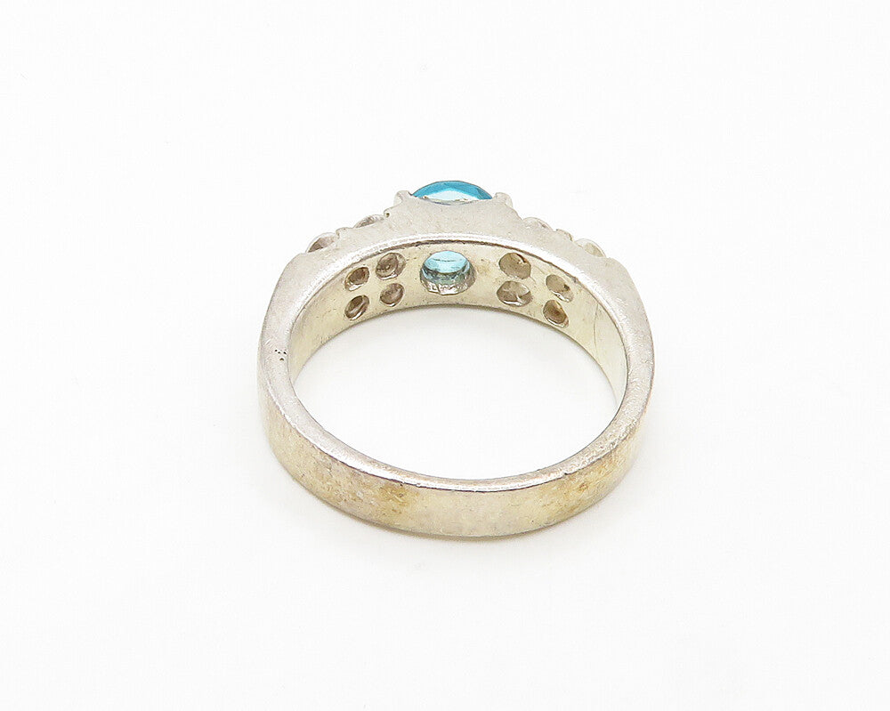925 Sterling Silver  Vintage Blue & White Topaz Shiny Band Ring Sz 7  RG17975