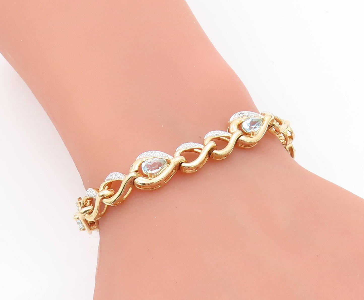 925 Sterling Silver Vintage Bracelet Gold Plated Pear Cut Blue Topaz  BT11598