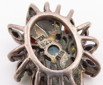 925 Sterling Silver Vintage Pendant Classic Multi Gemstone Floral Charm  PT26614