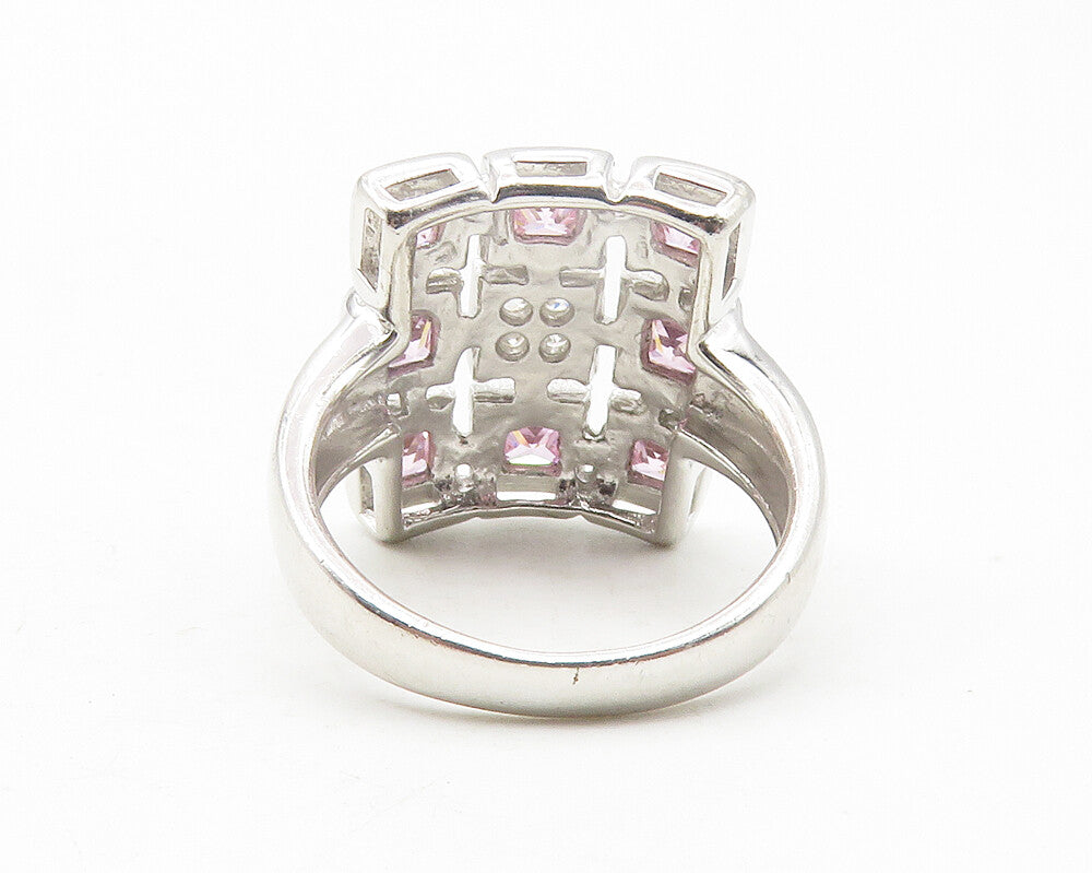 925 Sterling Silver  Pink & White Topaz Grid Cocktail Ring Sz 6  RG11840