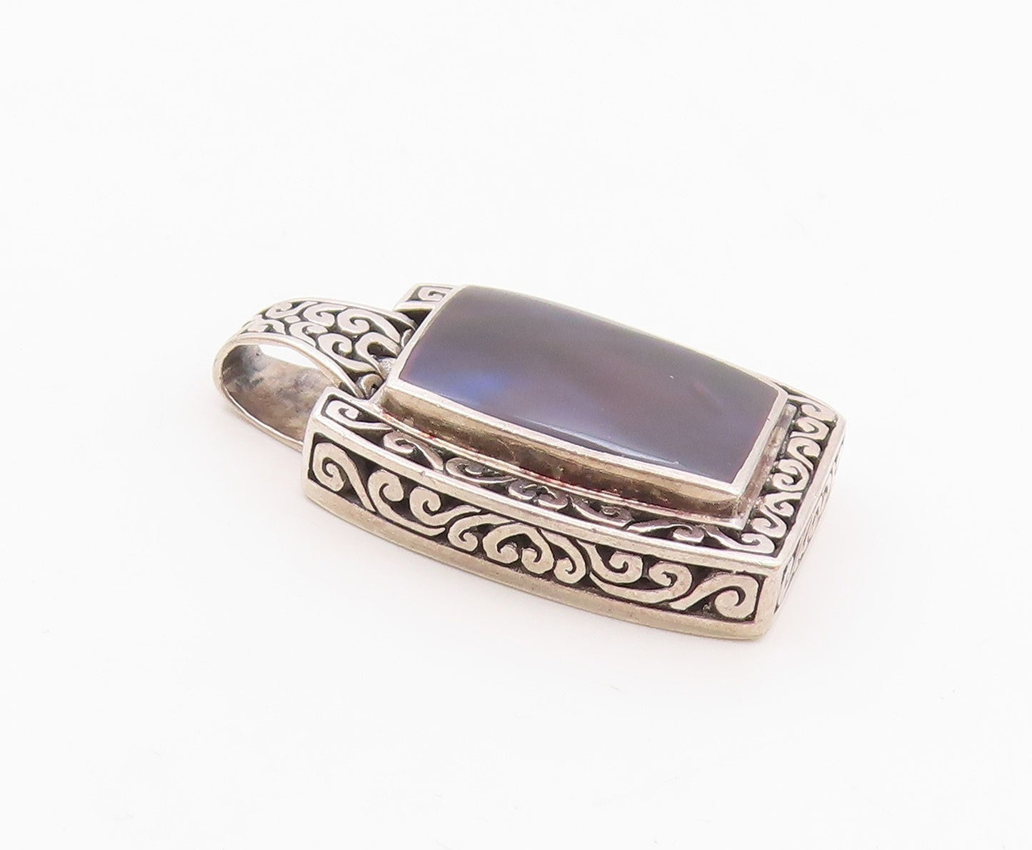 925 Silver  Vintage Inlaid Mother Of Pearl Swirl Scroll Pendant  PT21711