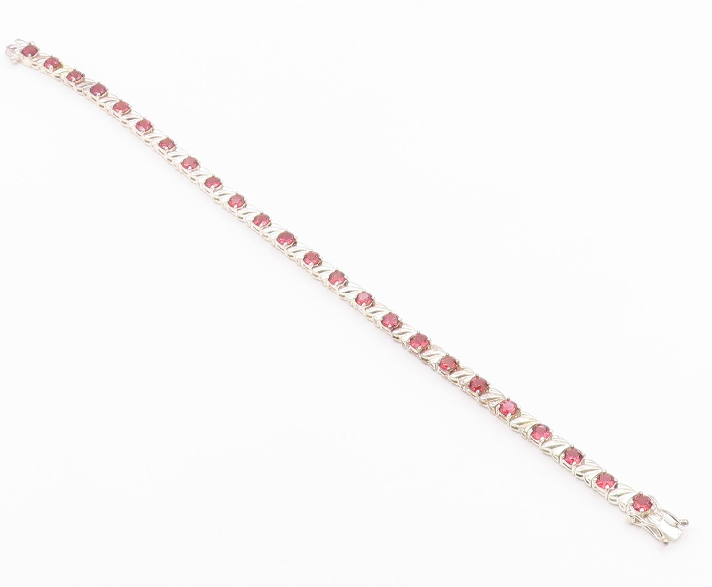 925 Sterling Silver  Vintage Prong Set Red Topaz Shiny Chain Bracelet  BT8316