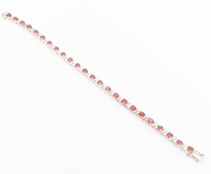 925 Sterling Silver  Vintage Prong Set Red Topaz Shiny Chain Bracelet  BT8316