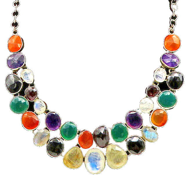 925 Sterling Silver Vintage Moonstone & Multi Stone Chain Necklace NE3331