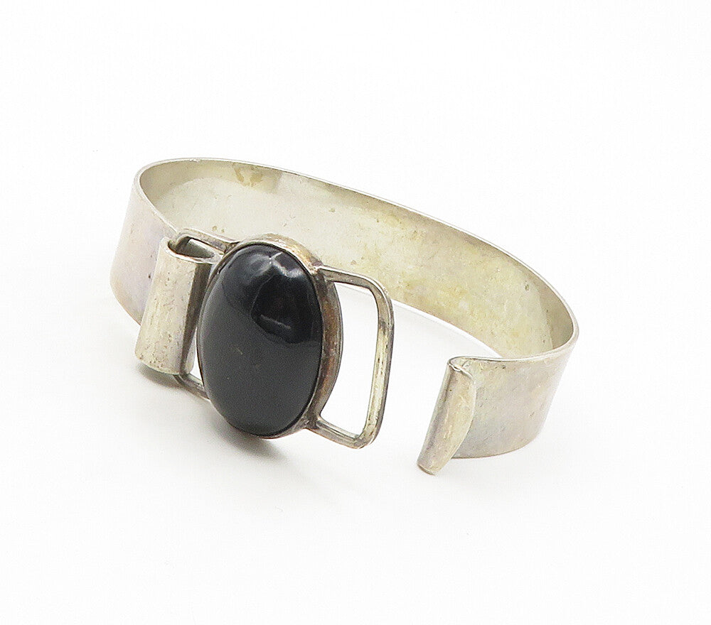 MEXICO 925 Sterling Silver  Vintage Black Onyx Hook Bangle Bracelet  BT6143