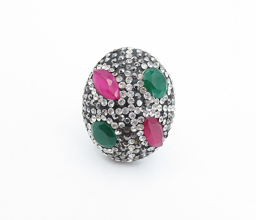 925 Sterling Silver Vintage Topaz & Crystal Dome Cocktail Ring Sz 7 RG5188