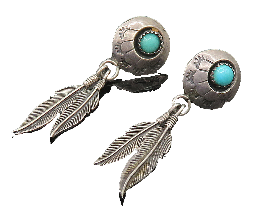 NAVAJO 925 Sterling Silver  Vintage Turquoise Feather Dangle Earrings  EG11554