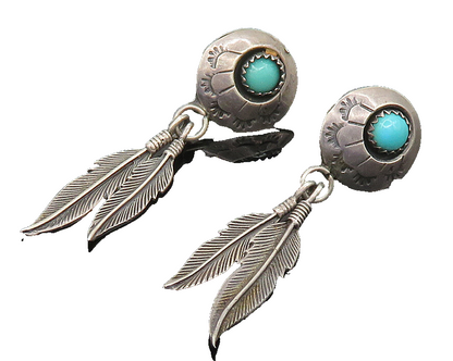 NAVAJO 925 Sterling Silver  Vintage Turquoise Feather Dangle Earrings  EG11554