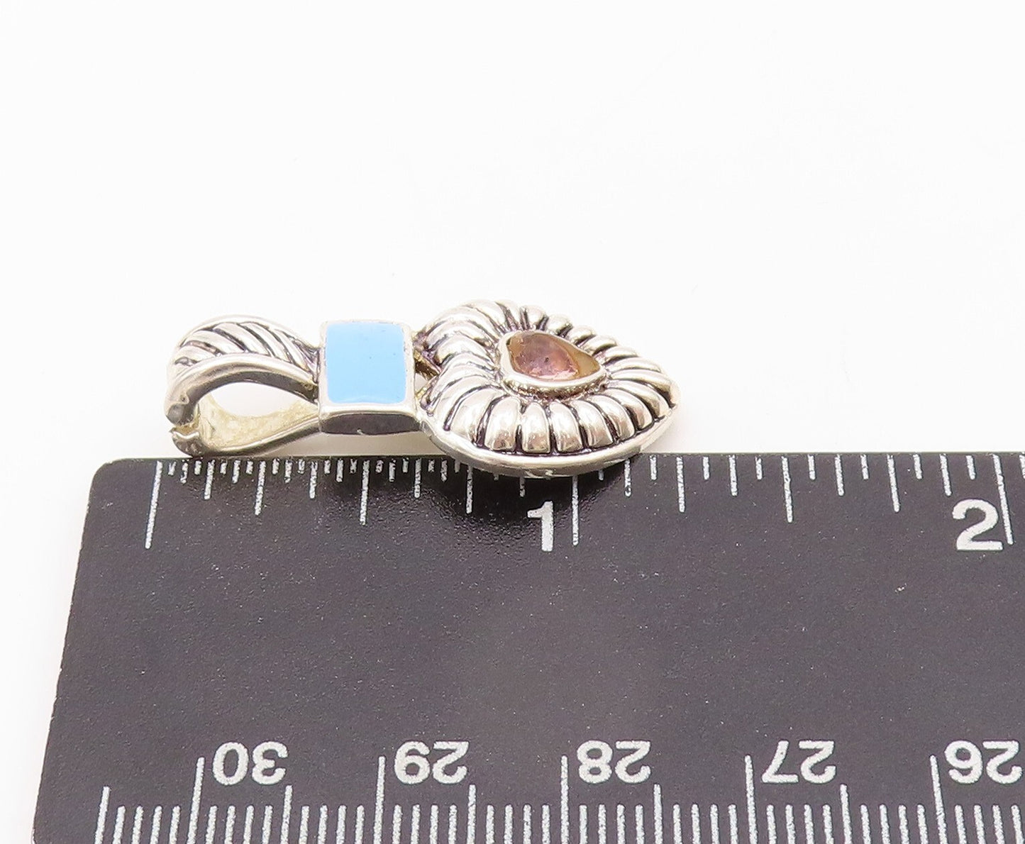 925 Sterling Silver Vintage Pendant Solid Gemstone Inlay Grooved Heart  PT23898