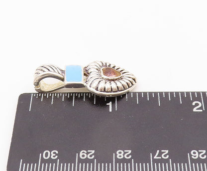 925 Sterling Silver Vintage Pendant Solid Gemstone Inlay Grooved Heart  PT23898