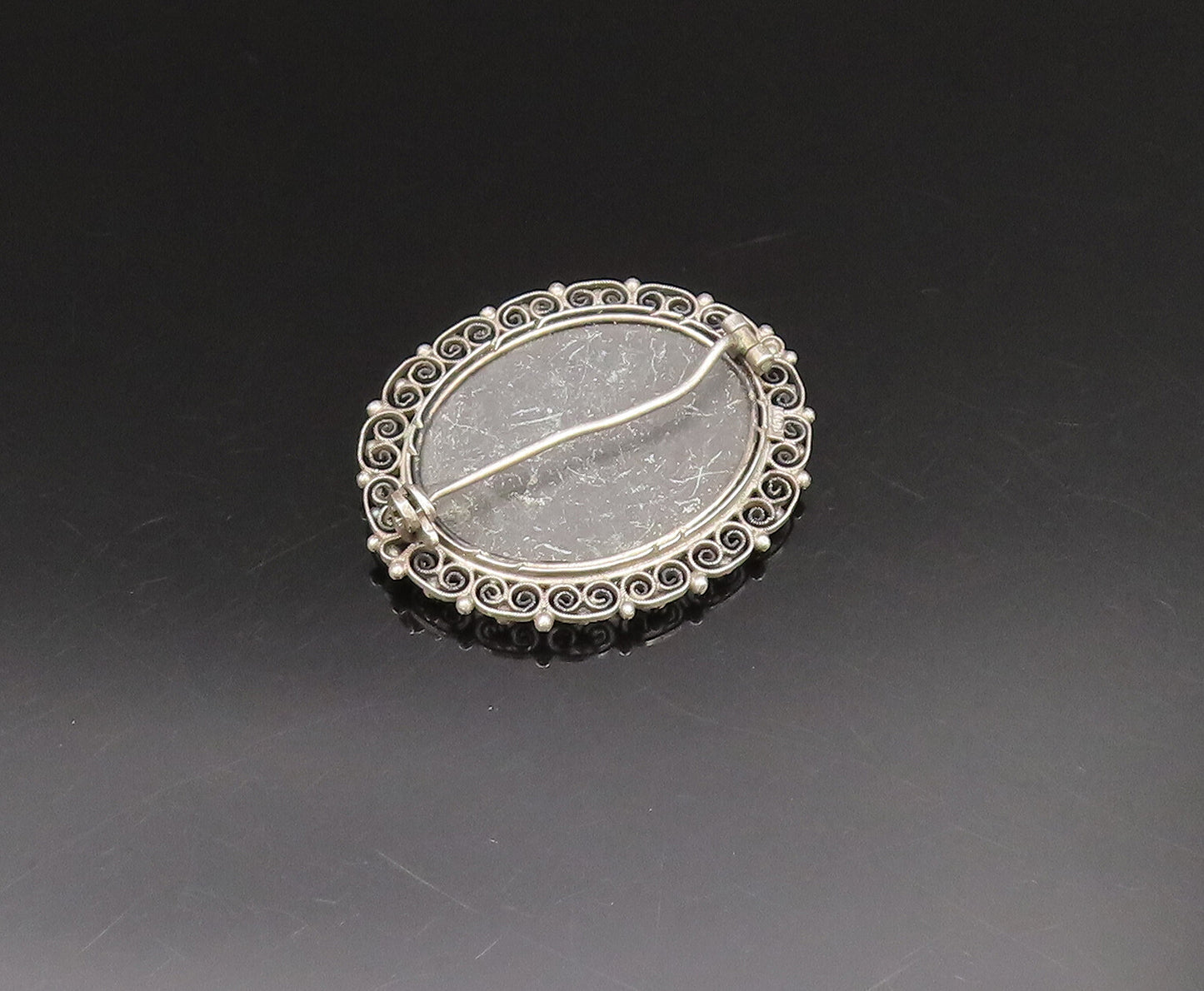 925 Sterling Silver  Vintage Spiral Twist Edge Floral Mosaic Brooch Pin BP9693