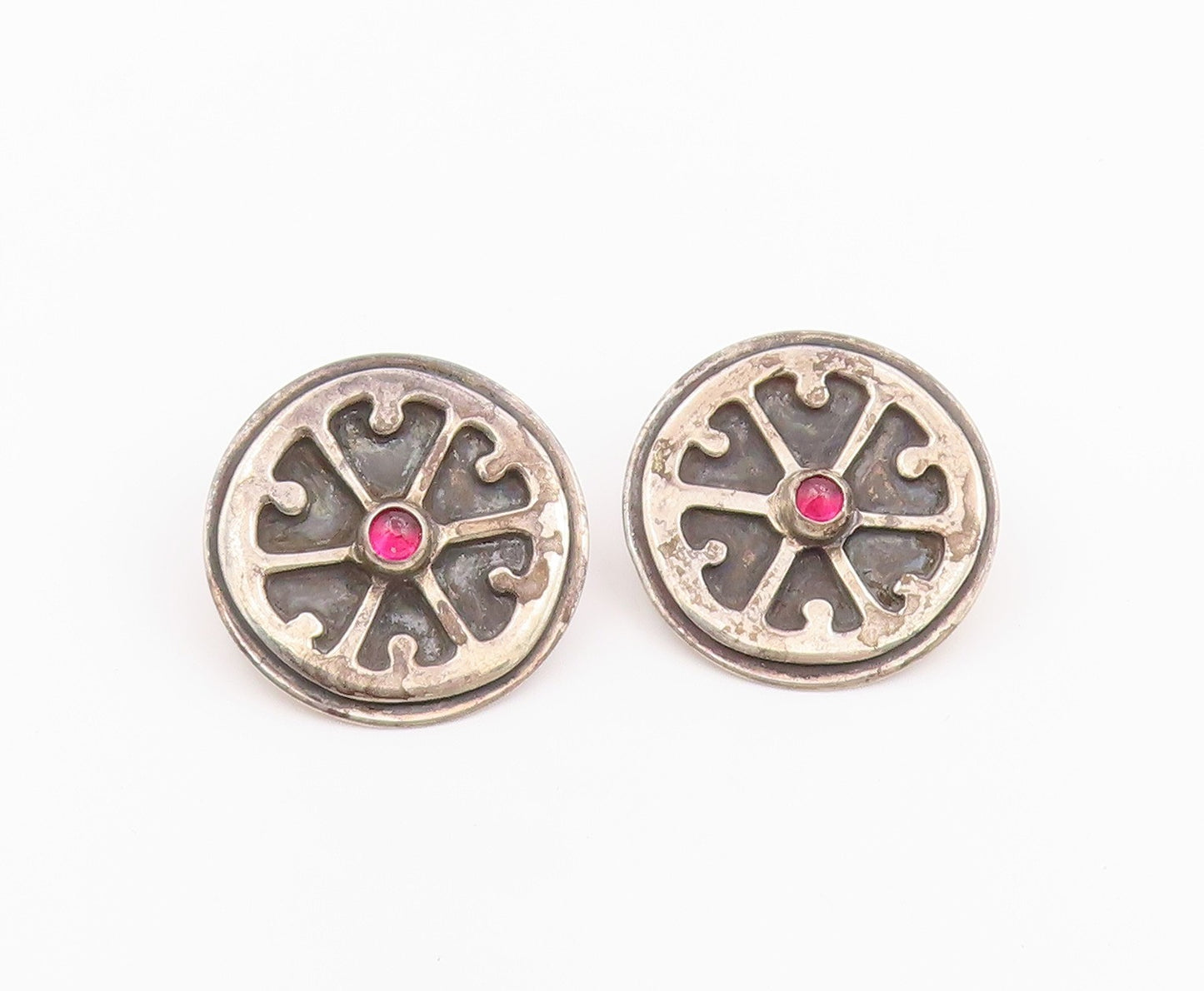 925 Sterling Silver Vintage Earrings Cabochon Garnet Geometric Wheel   EG14435