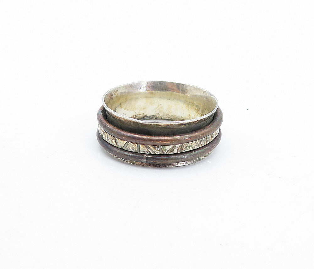925 Sterling Silver  Vintage Two Tone Rustic Etched Spinner Ring Sz 8  RG3999