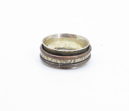 925 Sterling Silver  Vintage Two Tone Rustic Etched Spinner Ring Sz 8  RG3999