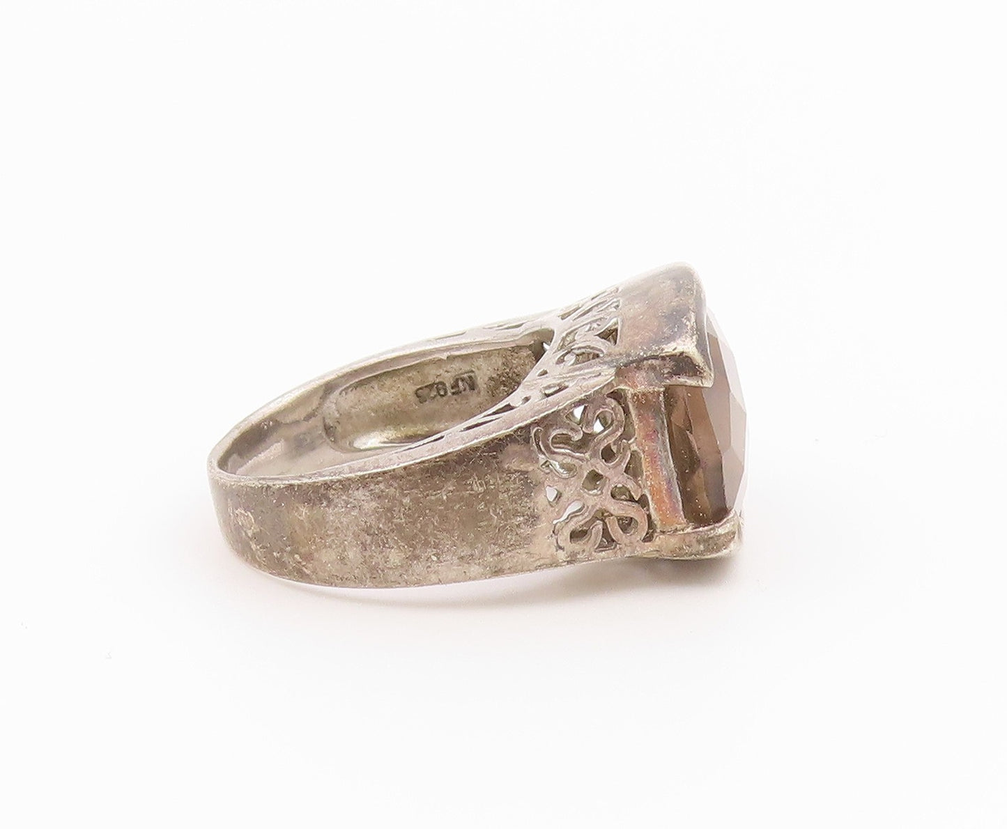925 Sterling Silver Vintage Ring Smoky Quartz Statement Band  Sz 7  RG36421