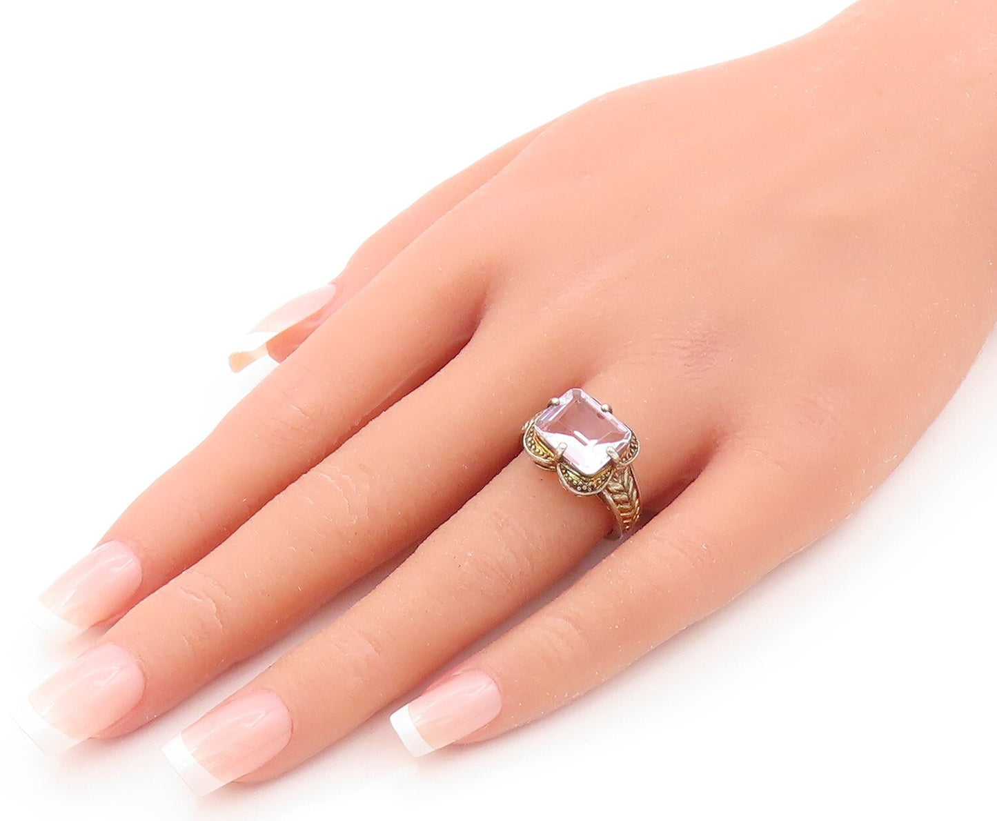 925 Sterling Silver Vintage Ring Carved Rectangle Cut Pink CZ  Sz 7  RG31835