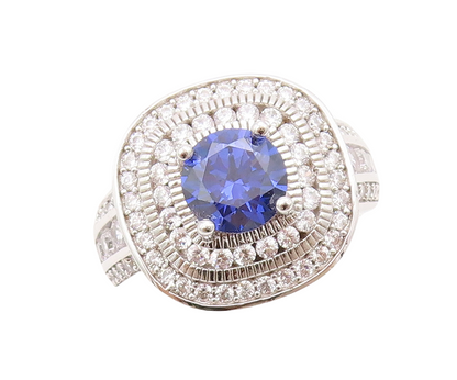925 Sterling Silver Vintage Ring Round Cut Sapphire Halo CZ Inlay  Sz 7  RG30746