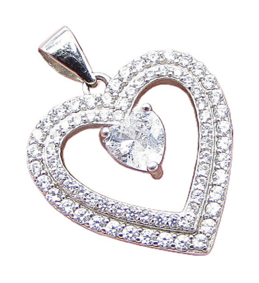 925 Sterling Silver  White Topaz & Cubic Zirconia Love Heart Pendant  PT1114