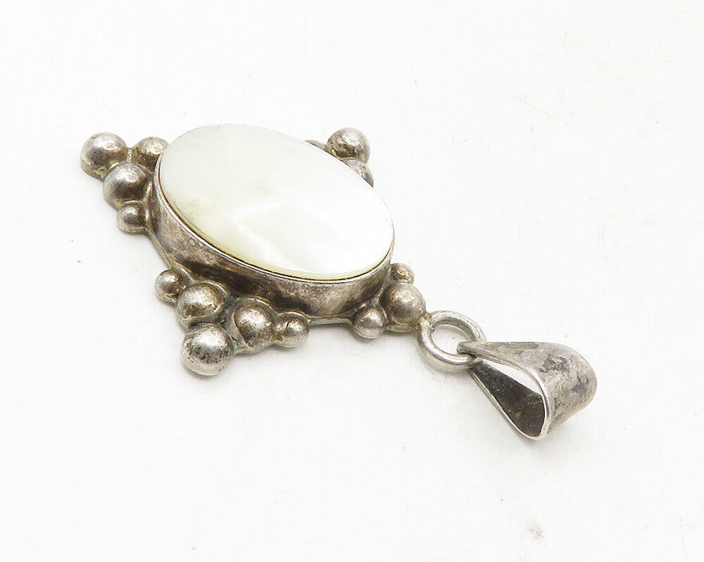 MEXICO 925 Sterling Silver  Vintage Mother Of Pearl Dark Tone Pendant  PT7748