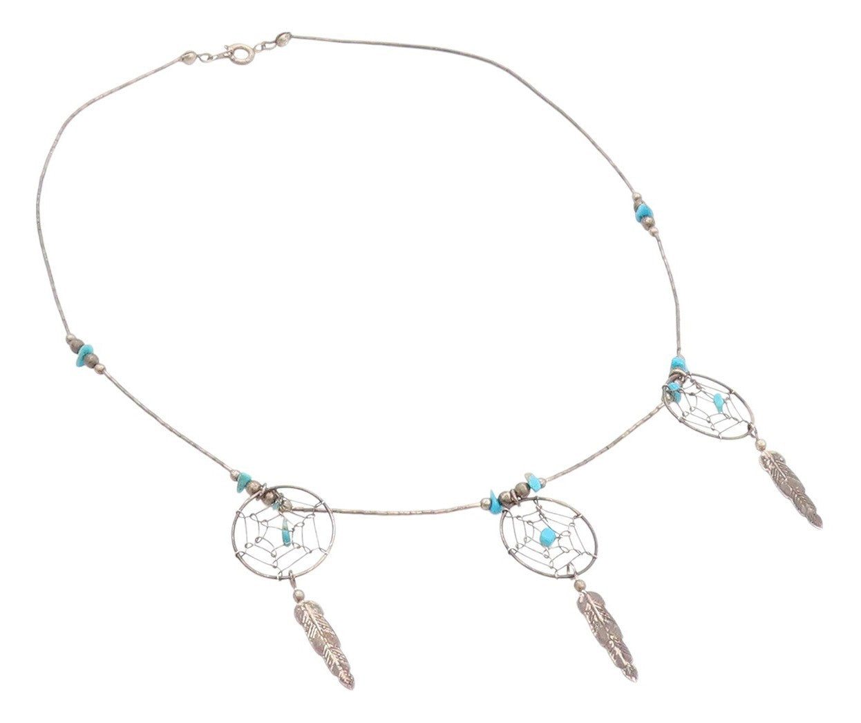 925 Sterling Silver Vintage Necklace Antique Turquoise Dream Catchers  NE4558