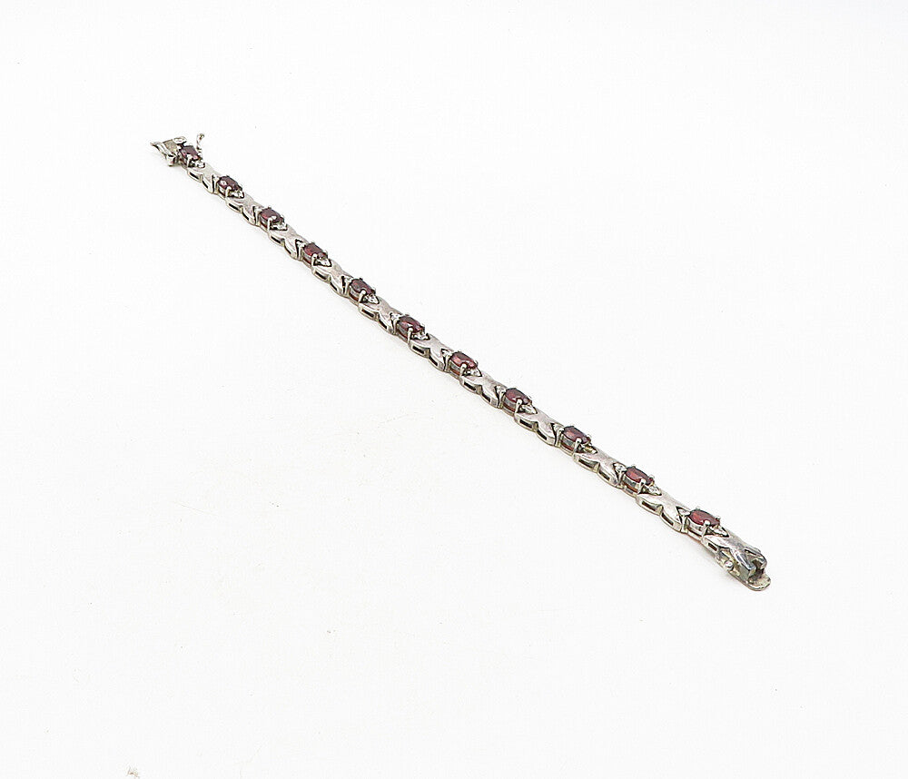 925 Sterling Silver  Vintage Red & White Topaz XO Link Chain Bracelet  BT4062