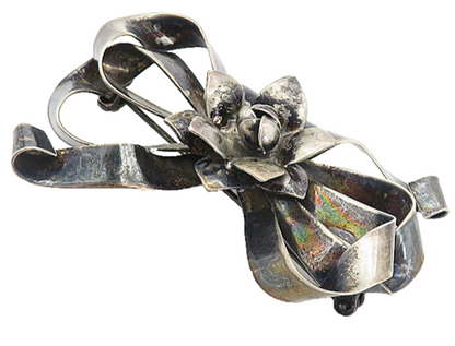 925 Sterling Silver  Vintage Oxidized Bow Tied Floral Ribbon Brooch Pin BP3082