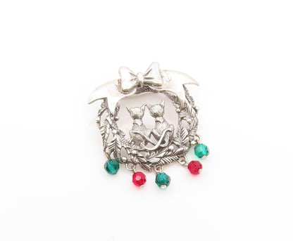 925 Sterling Silver Vintage Brooch Holiday Cat Couple Floral Design Pin  BP11875