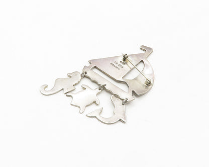 MEXICO 925 Silver  Vintage Dolphin Fish Seahorse Charm Boat Brooch Pin  BP7223