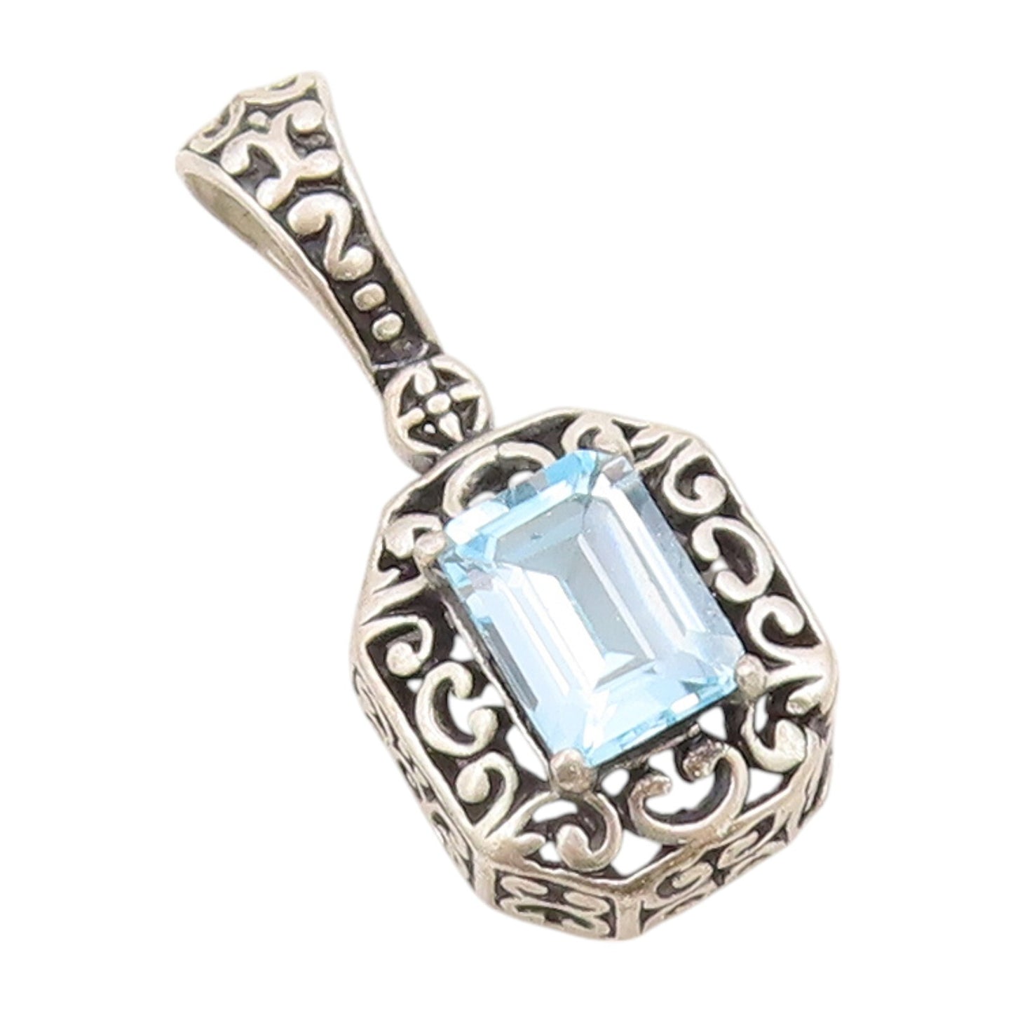 925 Sterling Silver Vintage Pendant Rectangle Blue Topaz Swirly Carved  PT23905