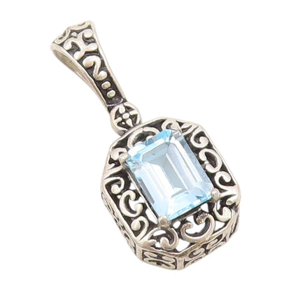 925 Sterling Silver Vintage Pendant Rectangle Blue Topaz Swirly Carved  PT23905