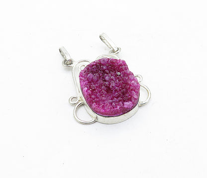 925 Sterling Silver  Vintage Druzy Magenta Agate Swirl Drop Pendant  PT3953