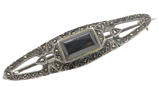 925 Sterling Silver  Vintage Black Onyx & Marcasite Brooch Pin  BP6117