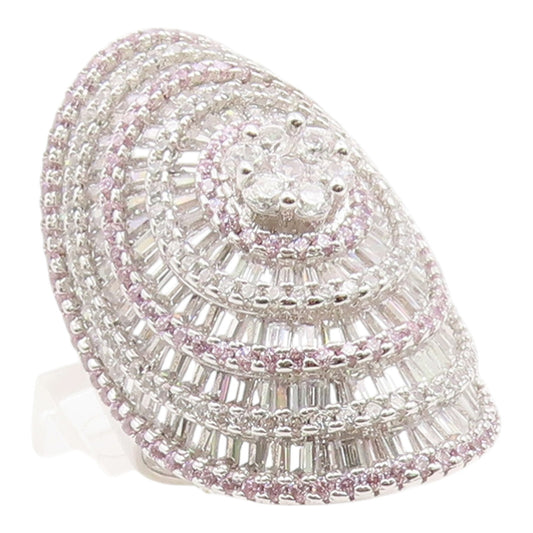 925 Sterling Silver Vintage Ring Round & Baguette Cut CZ Halo Dome Sz 6 RG35409
