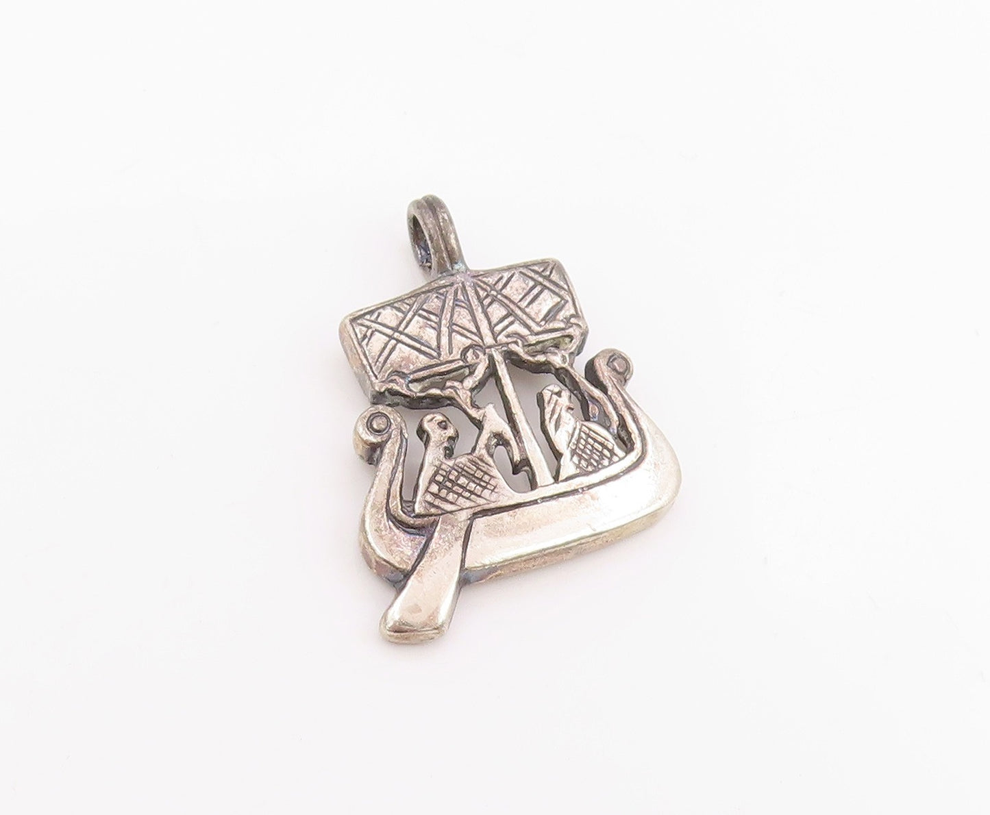 925 Sterling Silver Vintage Pendant Classic Etched Viking Ship Charm  PT26138