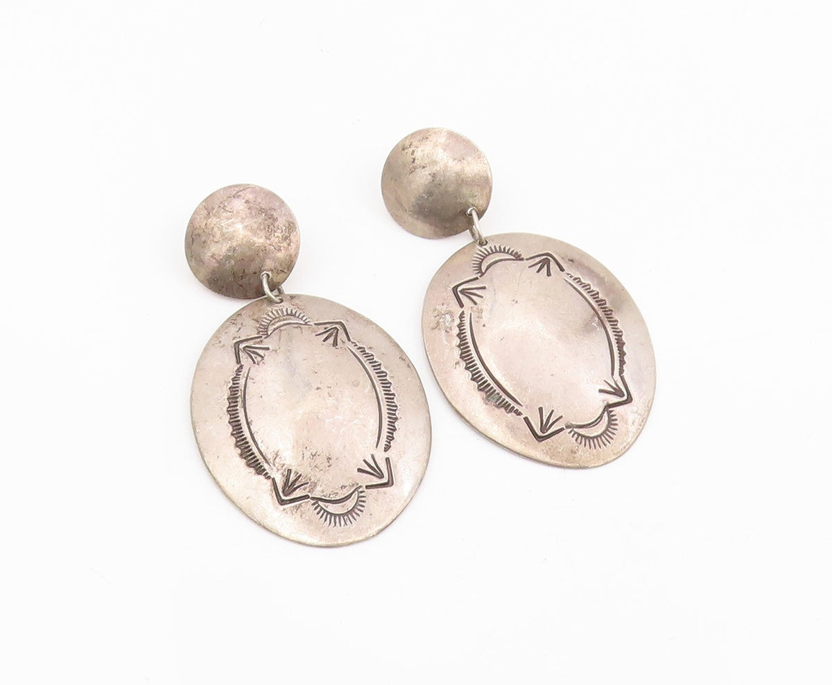 925 Sterling Silver Vintage Earrings BAHE NAVAJO Etched Concho Drop  EG14184