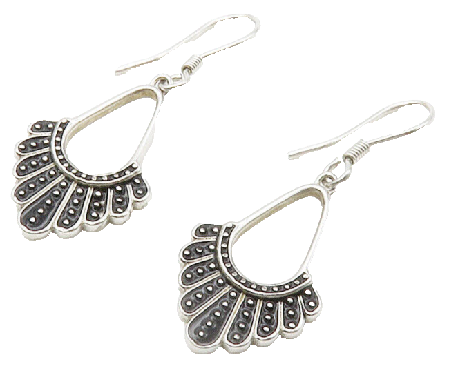925 Sterling Silver  Vintage Shiny Two Tone Fan Design Drop Earrings  EG7300