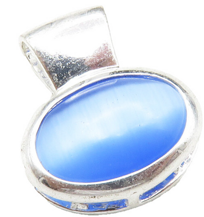 925 Sterling Silver Cabochon Cut Blue Cat's Eye Stone Drop Pendant PT10245