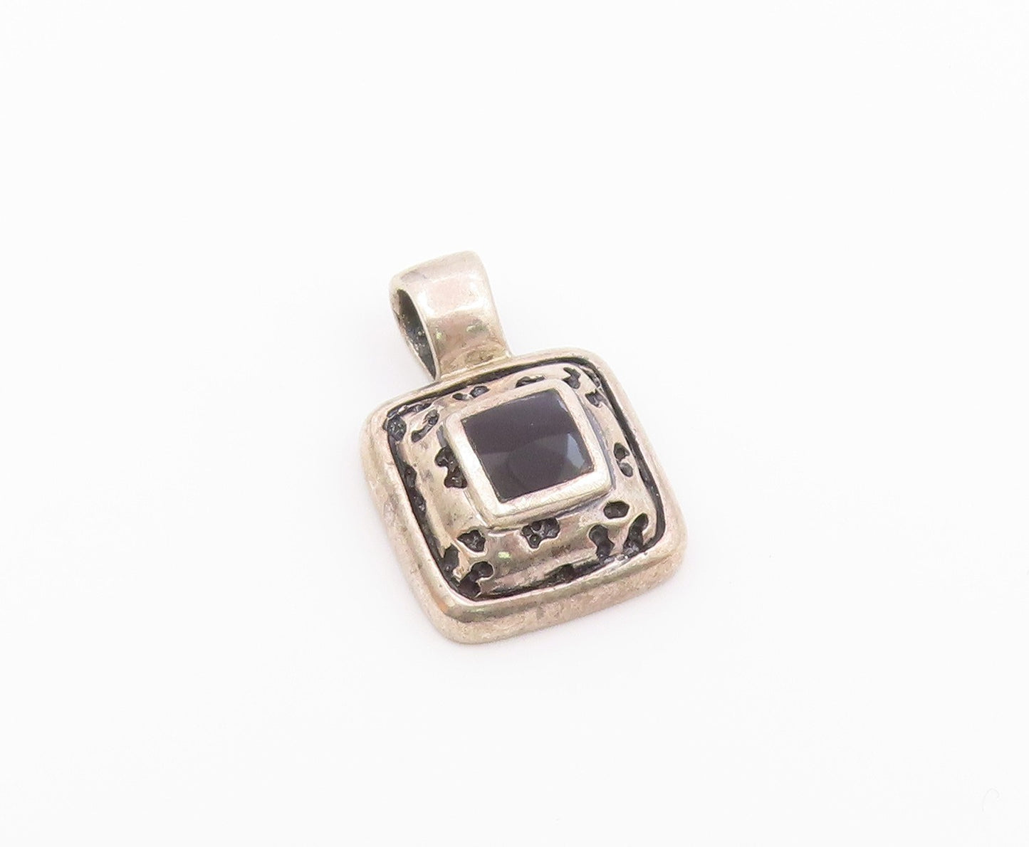 925 Sterling Silver  Vintage Inlaid Black Onyx Square Dome Pendant  PT21153