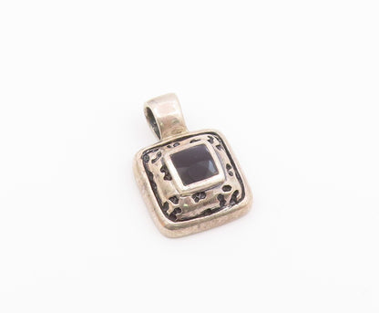925 Sterling Silver  Vintage Inlaid Black Onyx Square Dome Pendant  PT21153