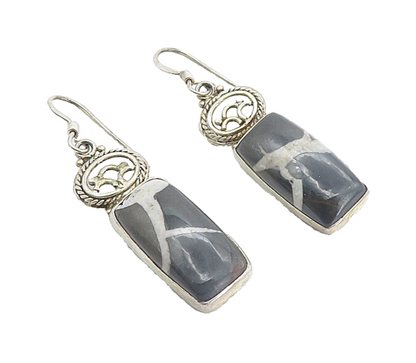 925 Sterling Silver  Vintage Cabochon Cut Jasper Square Drop Earrings  EG3522