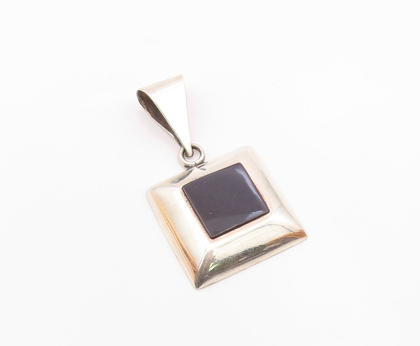 MEXICO 925 Sterling Silver  Vintage Black Onyx Square Dome Pendant  PT10450