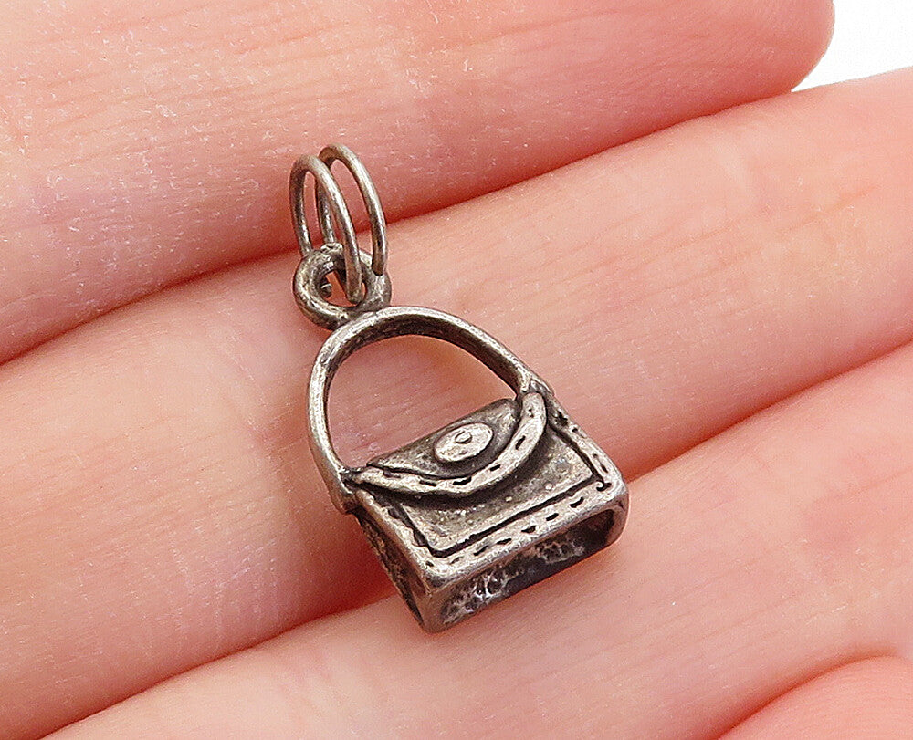 925 Sterling Silver  Vintage Petite Dark Tone Purse Handbag Pendant  PT3828