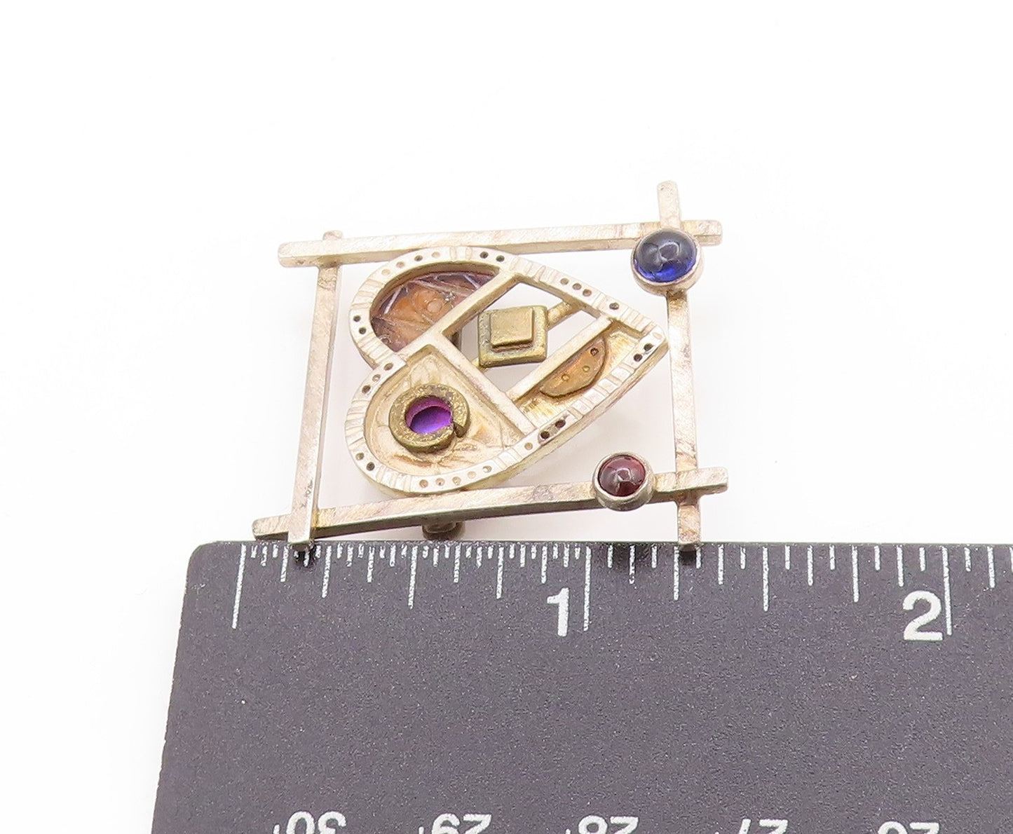 925 Sterling Silver Vintage Brooch Modernist Multi Gemstone Love Heart  BP11946