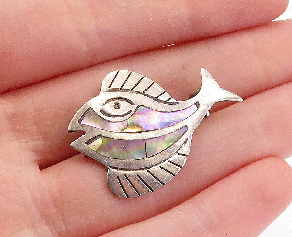TAXCO MEXICO 925 Silver  Vintage Abalone Shell Fish Motif Brooch Pin  BP2154