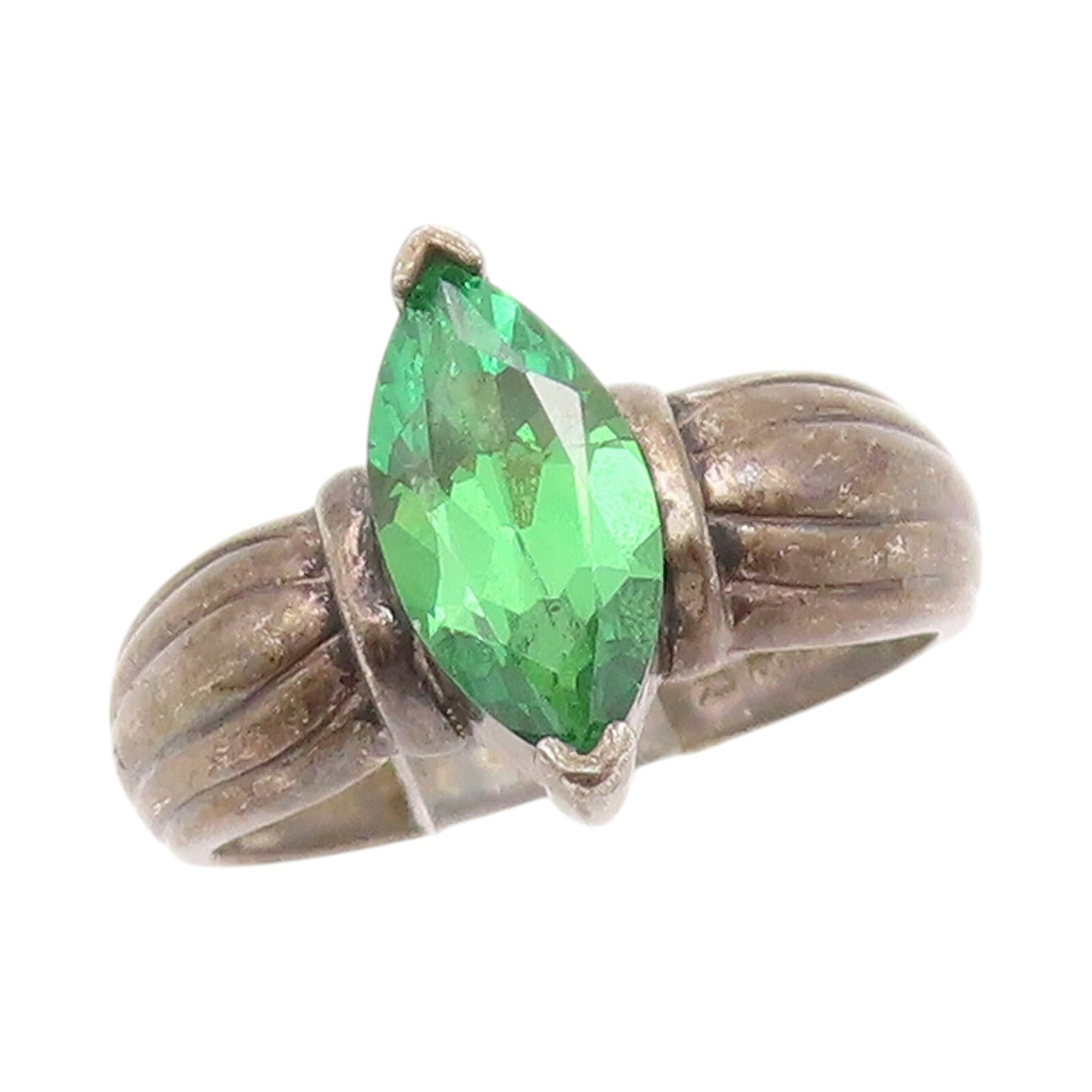 925 Sterling Silver Vintage Ring Dark Tone Marquise Cut Green CZ  Sz 6  RG31721