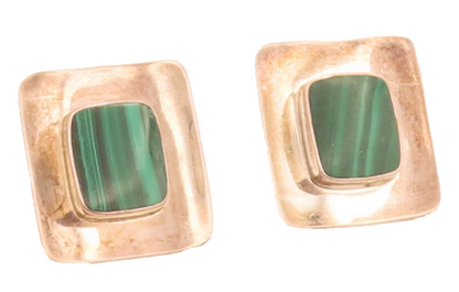 BOMA 925 Silver  Vintage Square Malachite On Curved Plate Earrings  EG12482